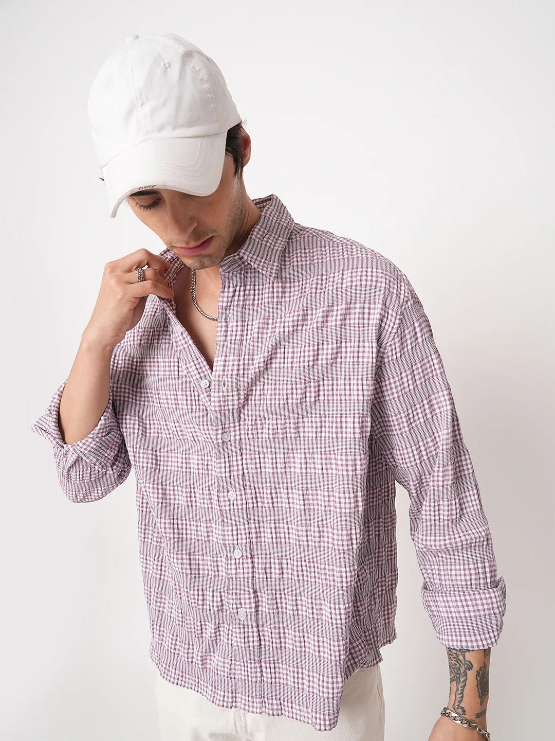 Lilac Seersucker Checks Boxy Fit Crop Shirt - Image 2
