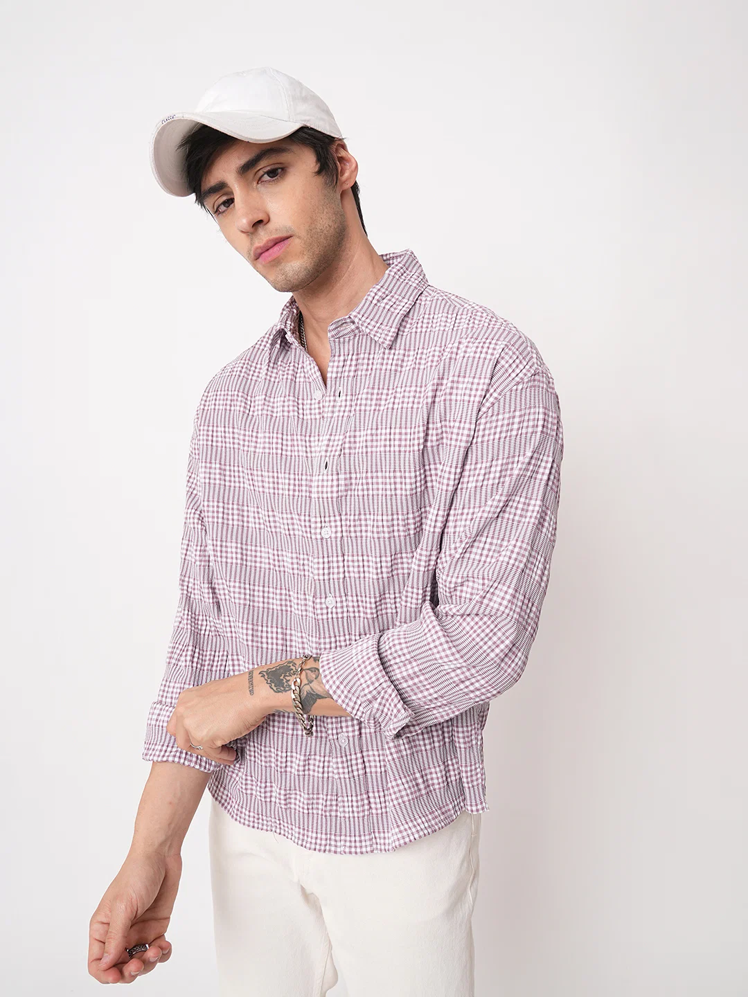 Lilac Seersucker Checks Boxy Fit Crop Shirt - Image 4