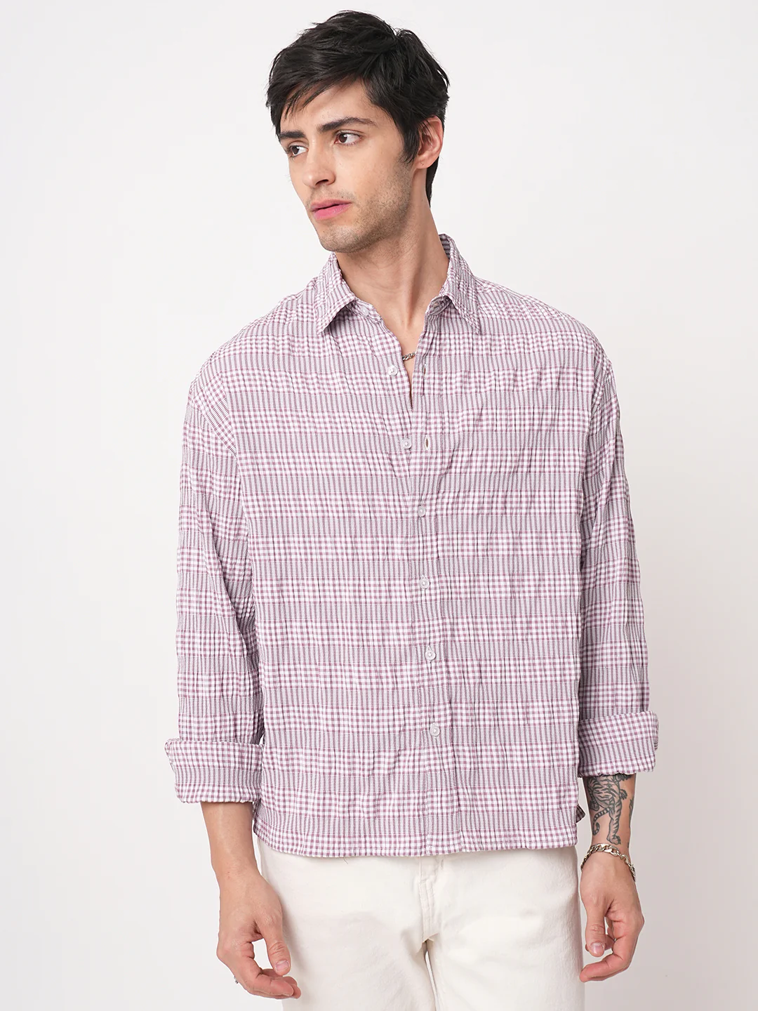 Lilac Seersucker Checks Boxy Fit Crop Shirt - Image 5