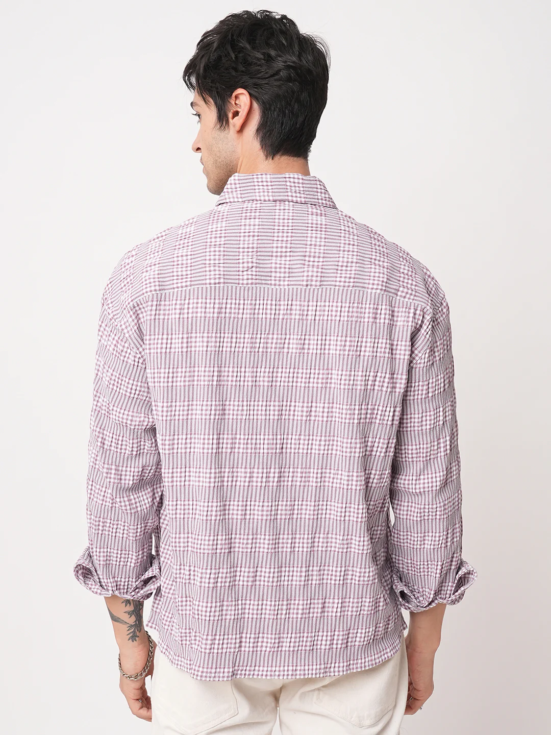 Lilac Seersucker Checks Boxy Fit Crop Shirt - Image 6