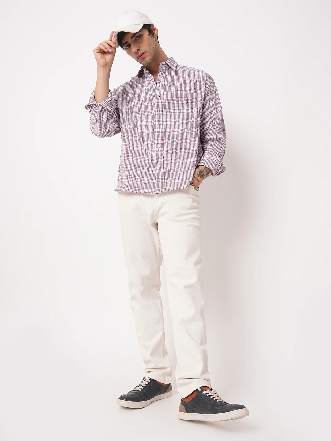 Lilac Seersucker Checks Boxy Fit Crop Shirt - Image 7