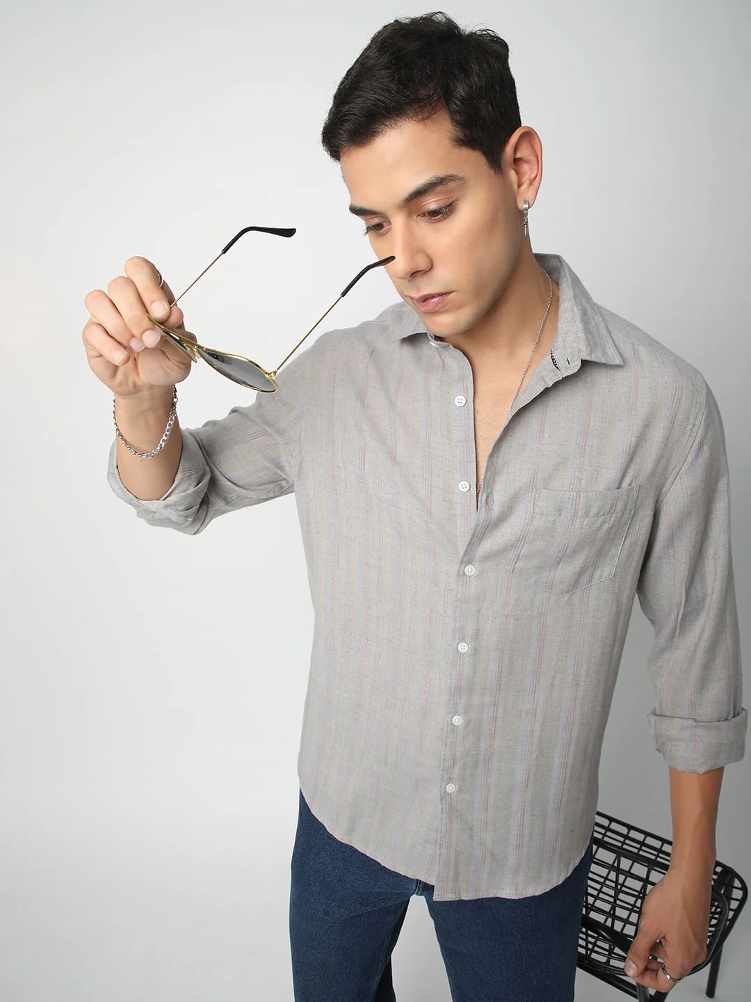Linen Evanesce Grey Multicolour Striped Shirt - Image 2