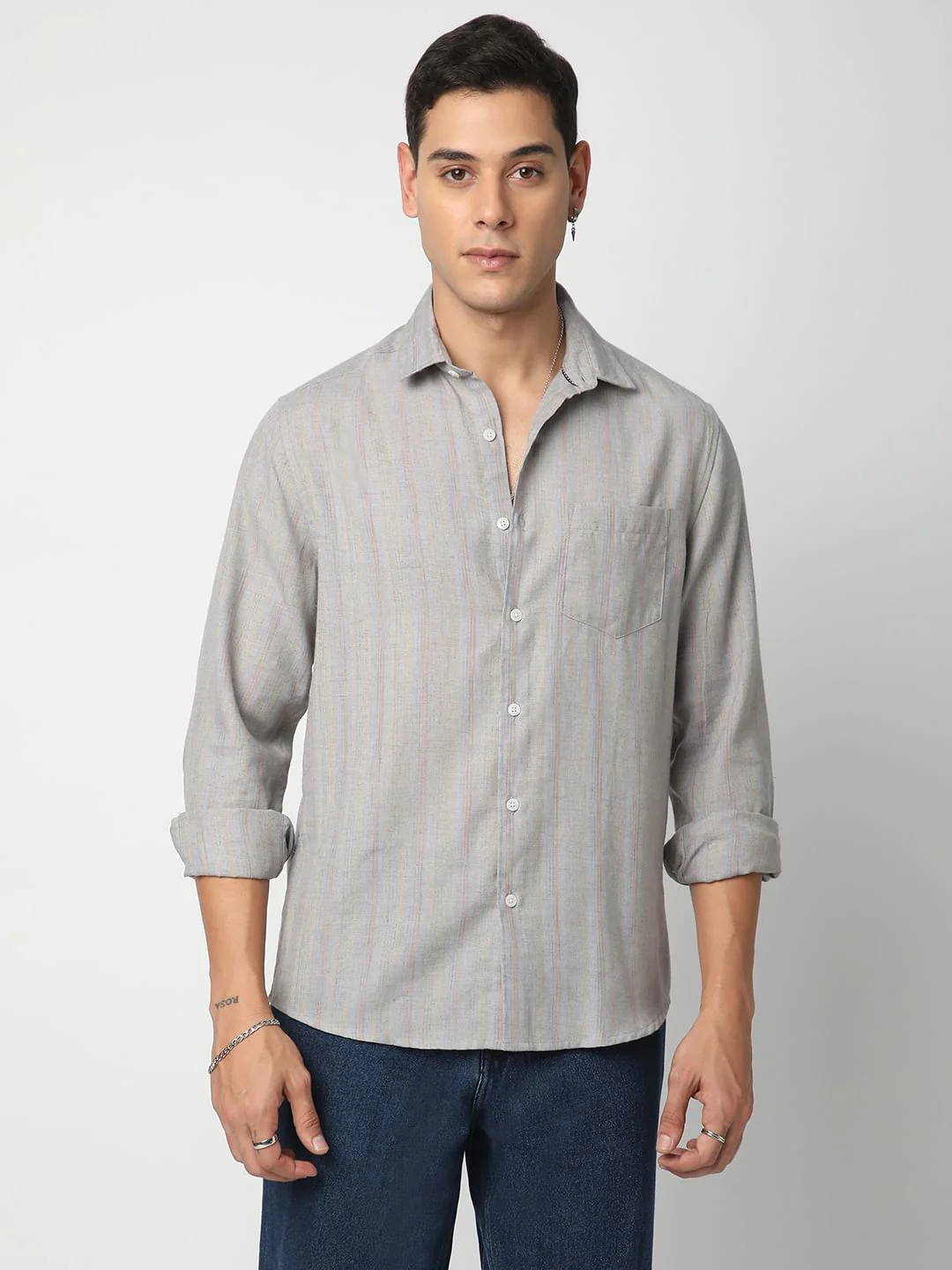 Linen Evanesce Grey Multicolour Striped Shirt - Image 4