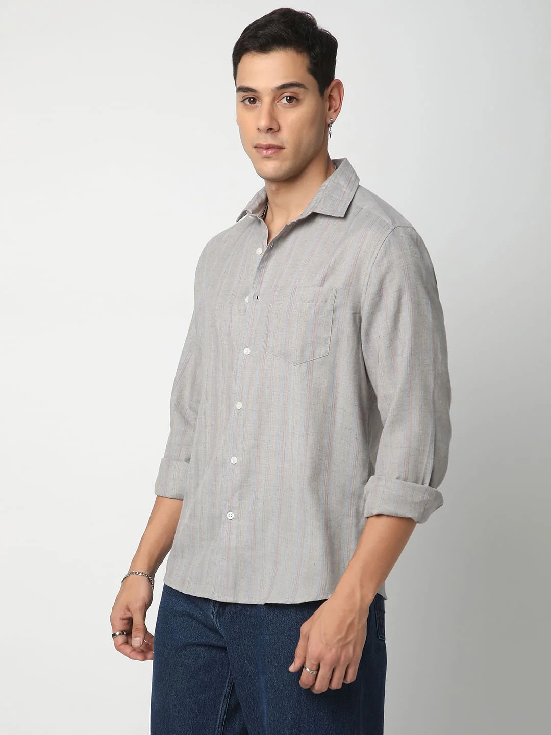 Linen Evanesce Grey Multicolour Striped Shirt - Image 5