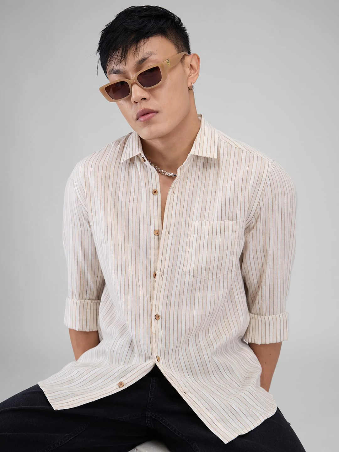 Linen Line Striped Beige Shirt - Image 4