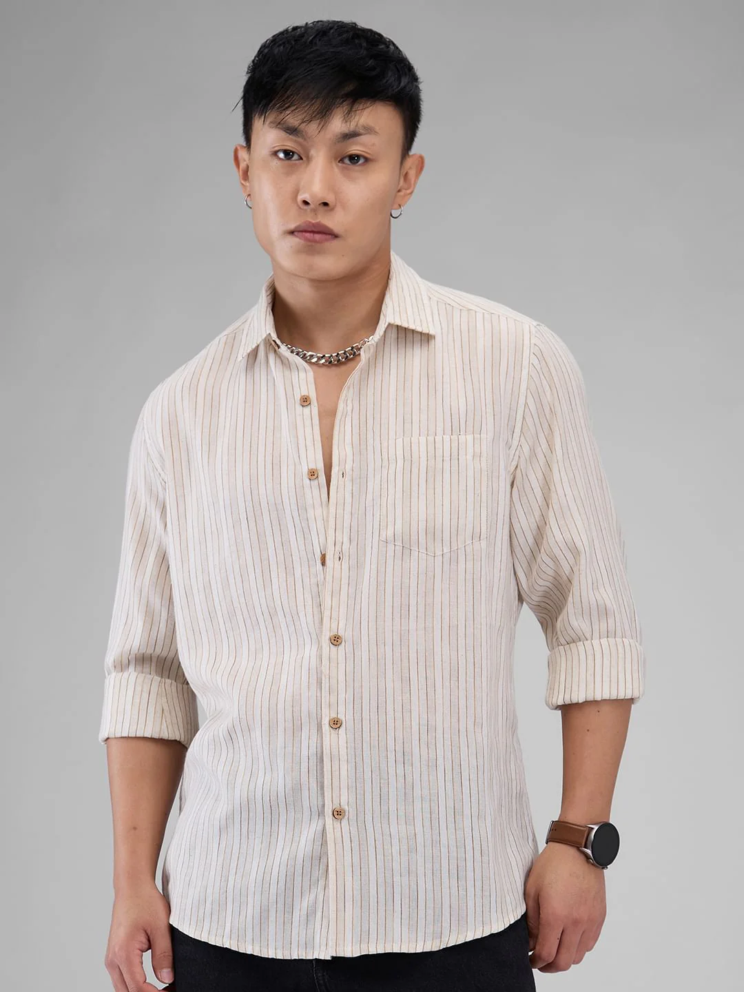 Linen Line Striped Beige Shirt - Image 5