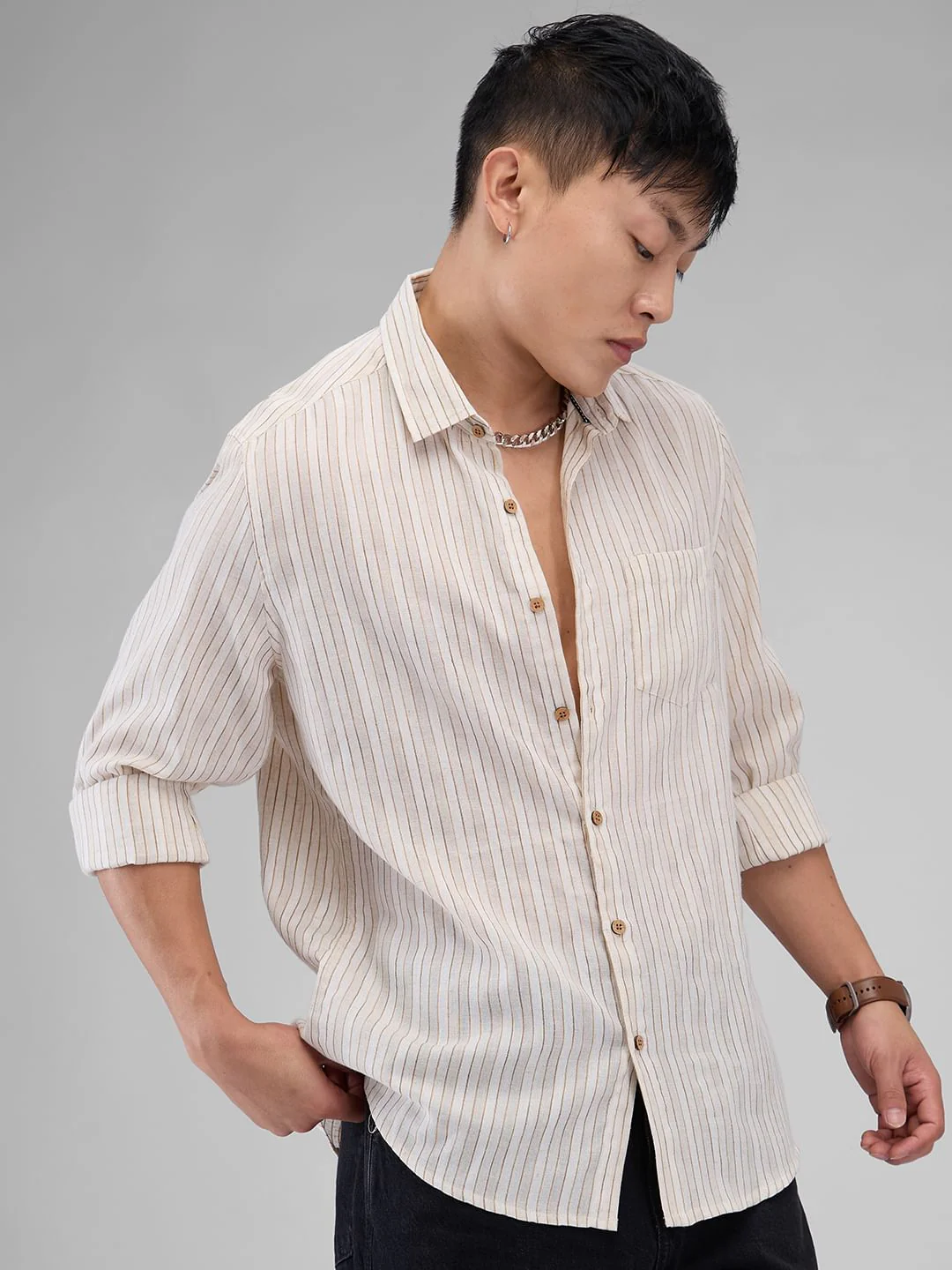 Linen Line Striped Beige Shirt - Image 6