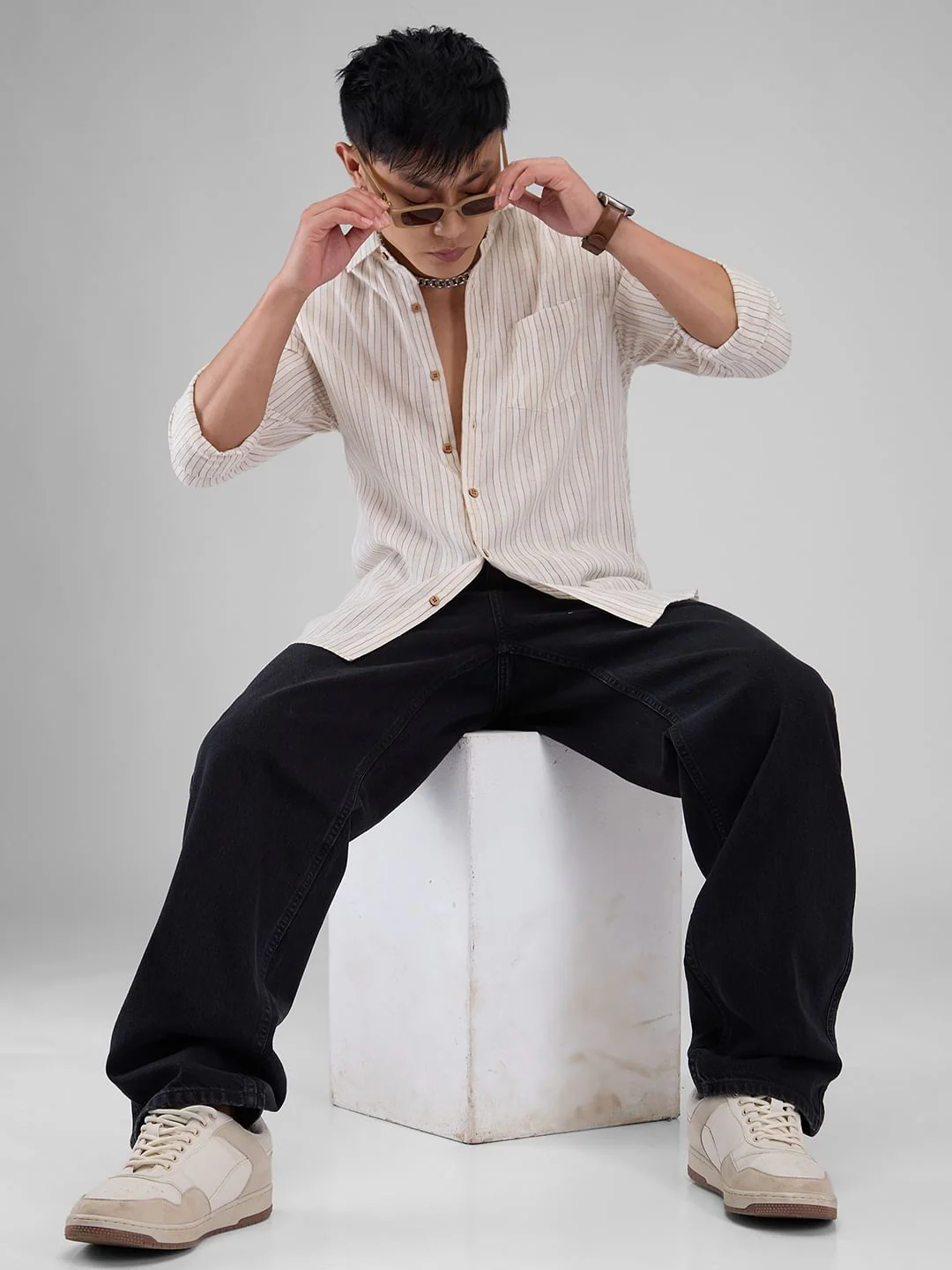 Linen Line Striped Beige Shirt - Image 8
