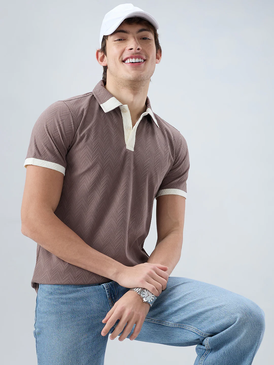 Liver Brown Chevron Contrast Polo Neck T-shirt