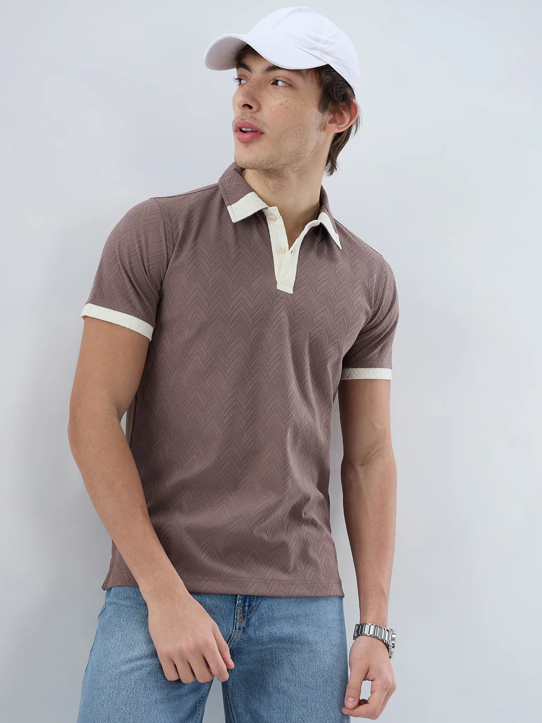 Liver Brown Chevron Contrast Polo Neck T-shirt - Image 2