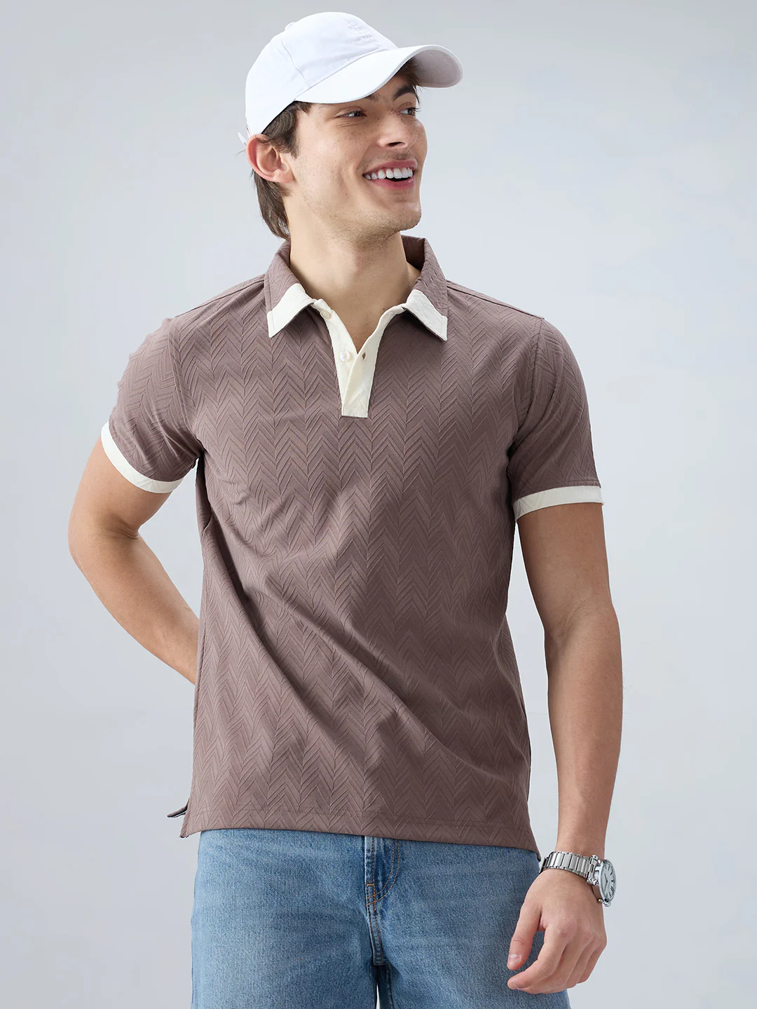 Liver Brown Chevron Contrast Polo Neck T-shirt - Image 4