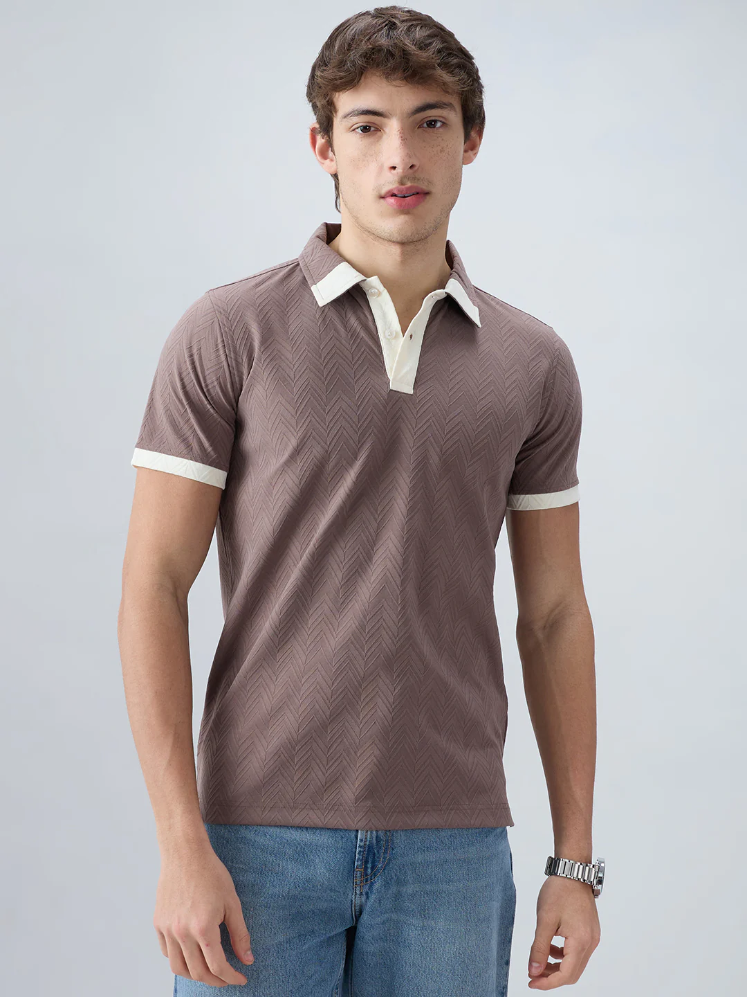 Liver Brown Chevron Contrast Polo Neck T-shirt - Image 5