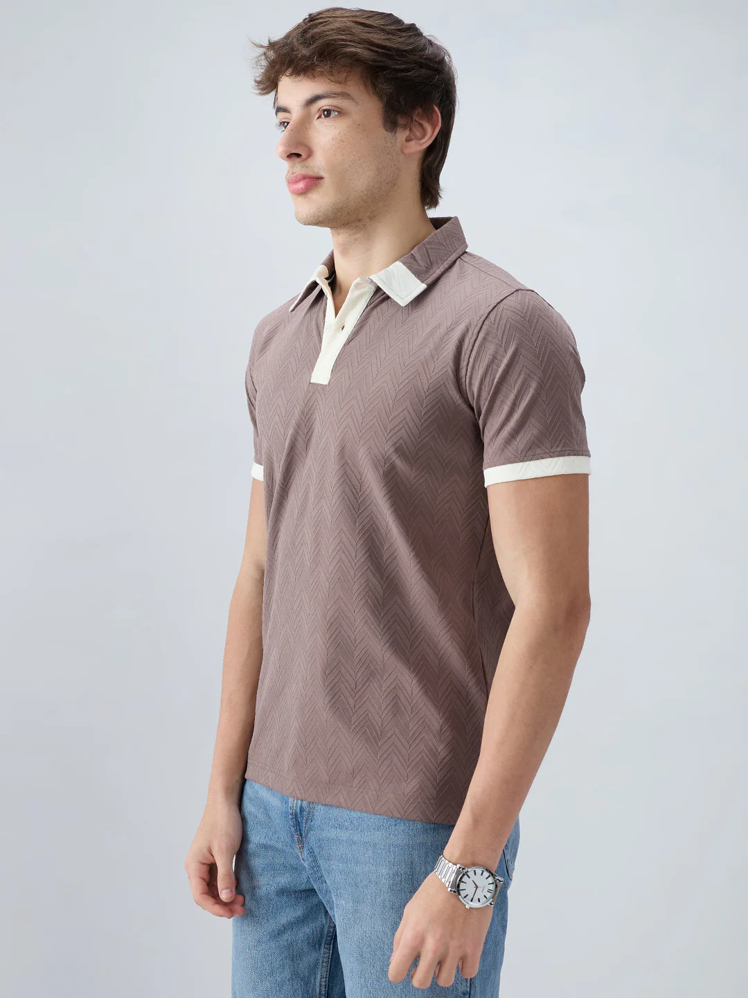 Liver Brown Chevron Contrast Polo Neck T-shirt - Image 6