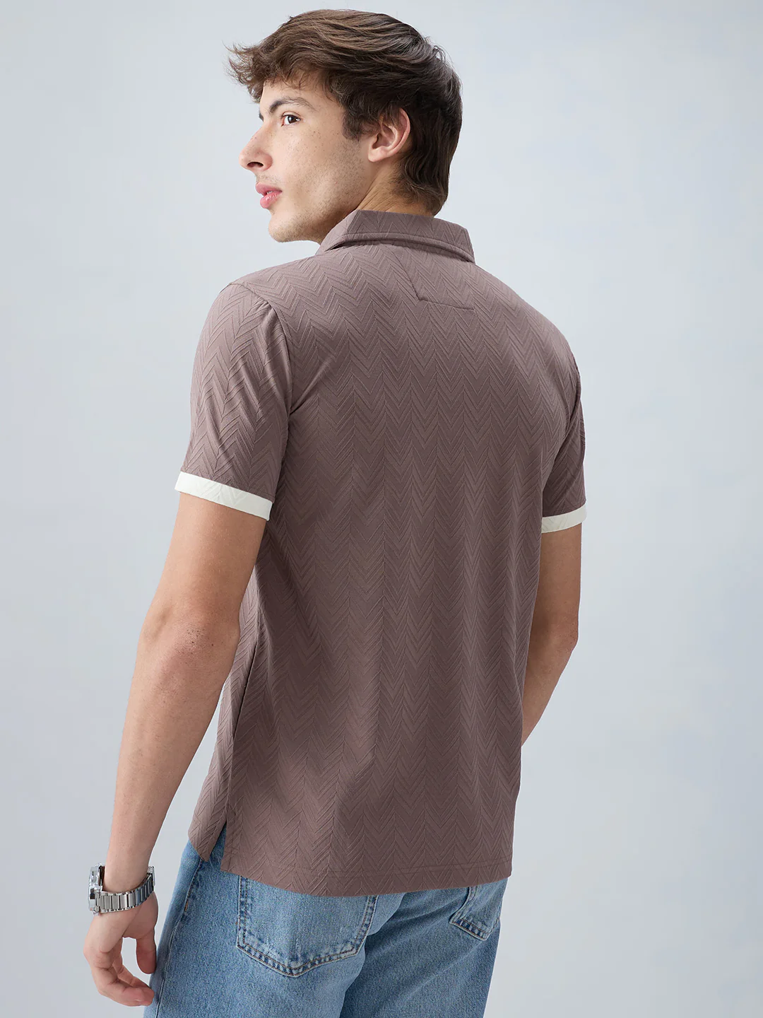 Liver Brown Chevron Contrast Polo Neck T-shirt - Image 7