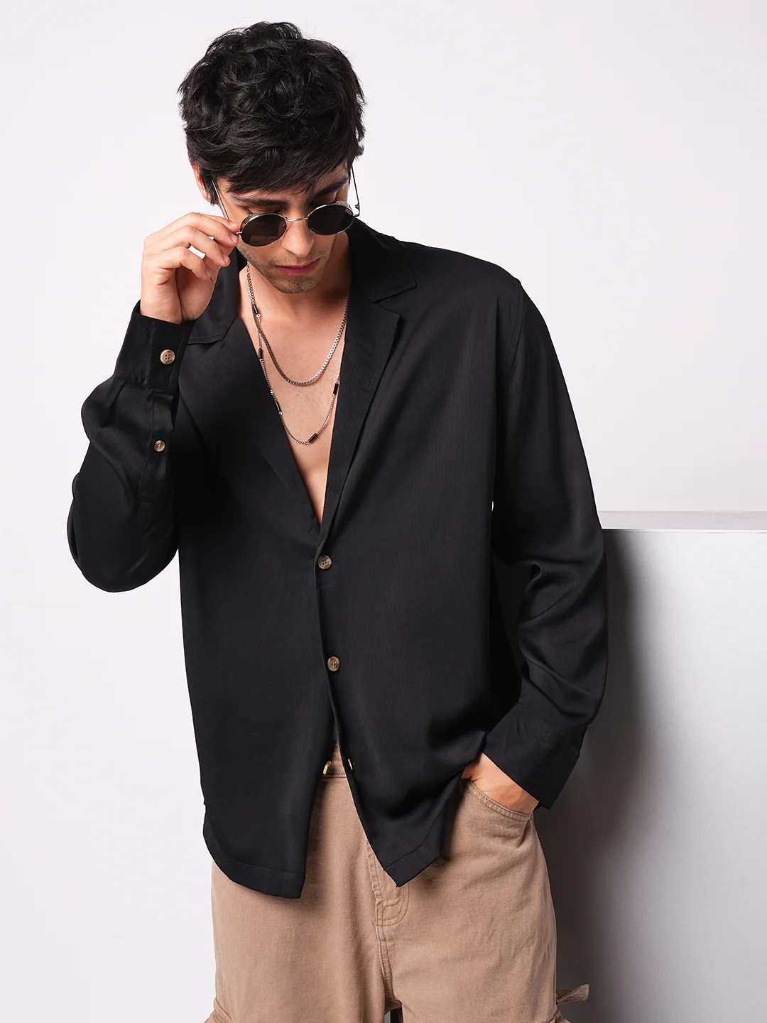 Low key Luxe Black Lapel Collar Oversized Shirt - Image 2