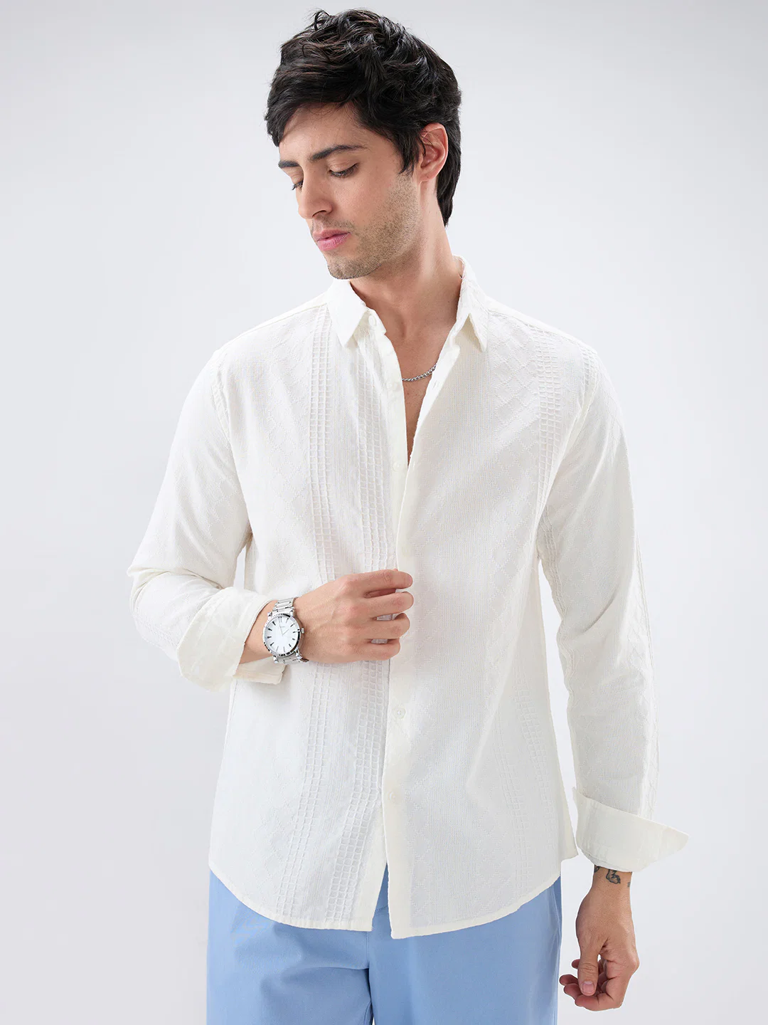Lozenge Embroidered Ivory Shirt - Image 5