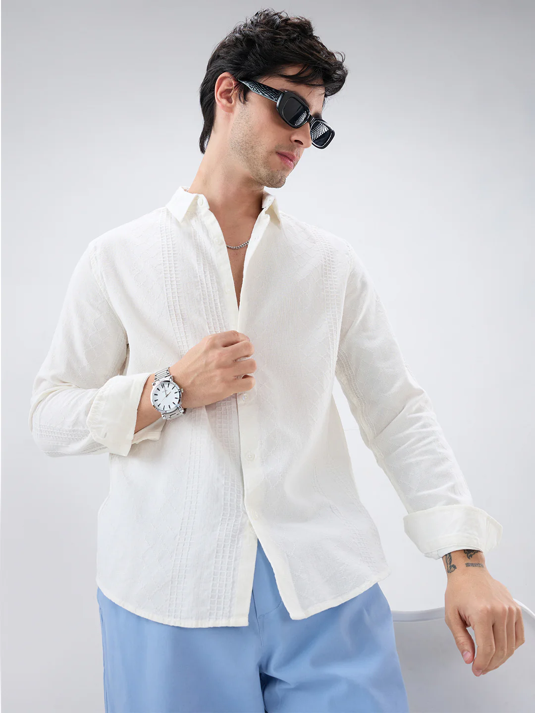 Lozenge Embroidered Ivory Shirt - Image 6
