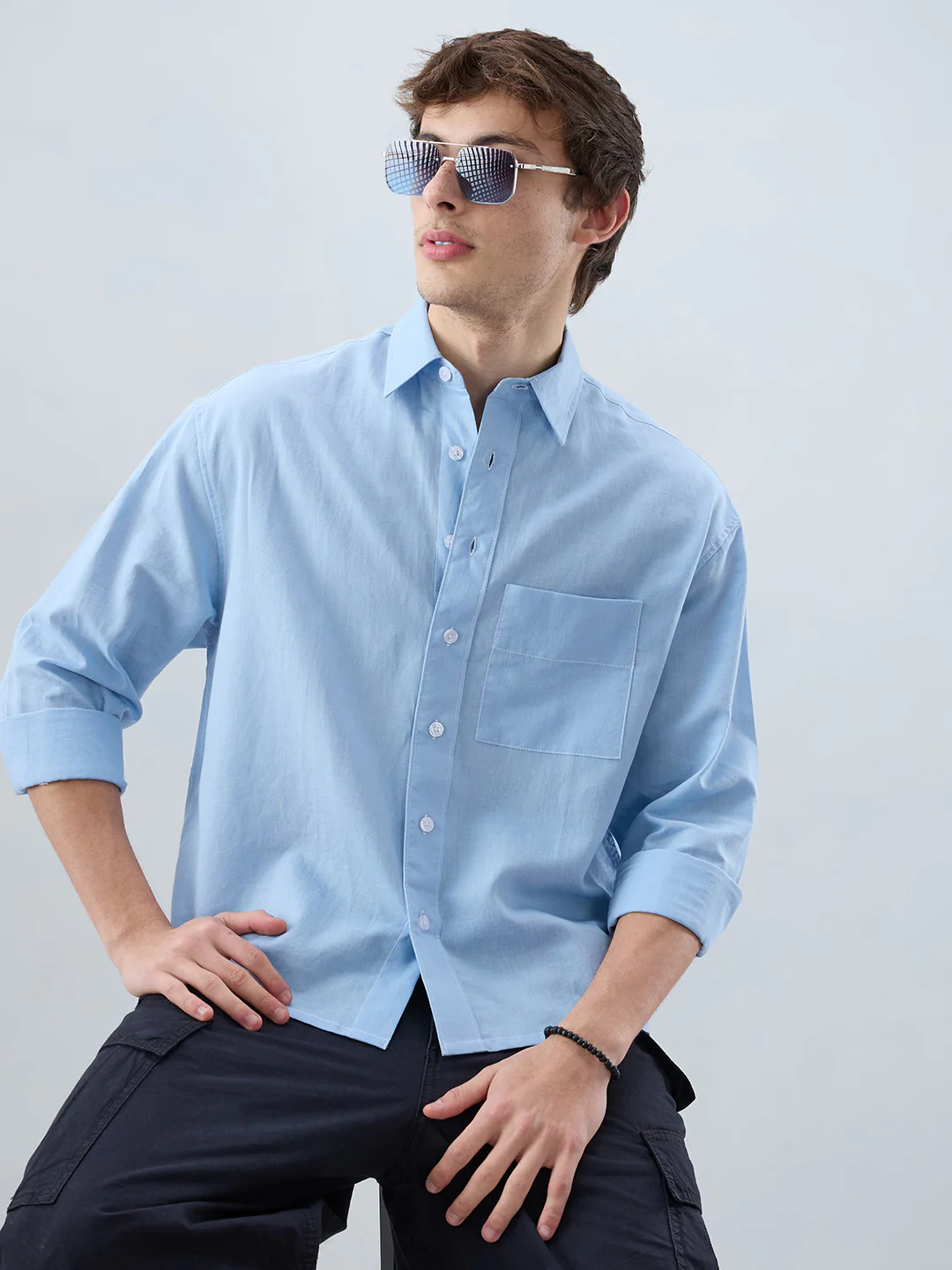Luxe Blue Fine Sheer Linen Blend Boxy Fit Crop Shirt - Image 2