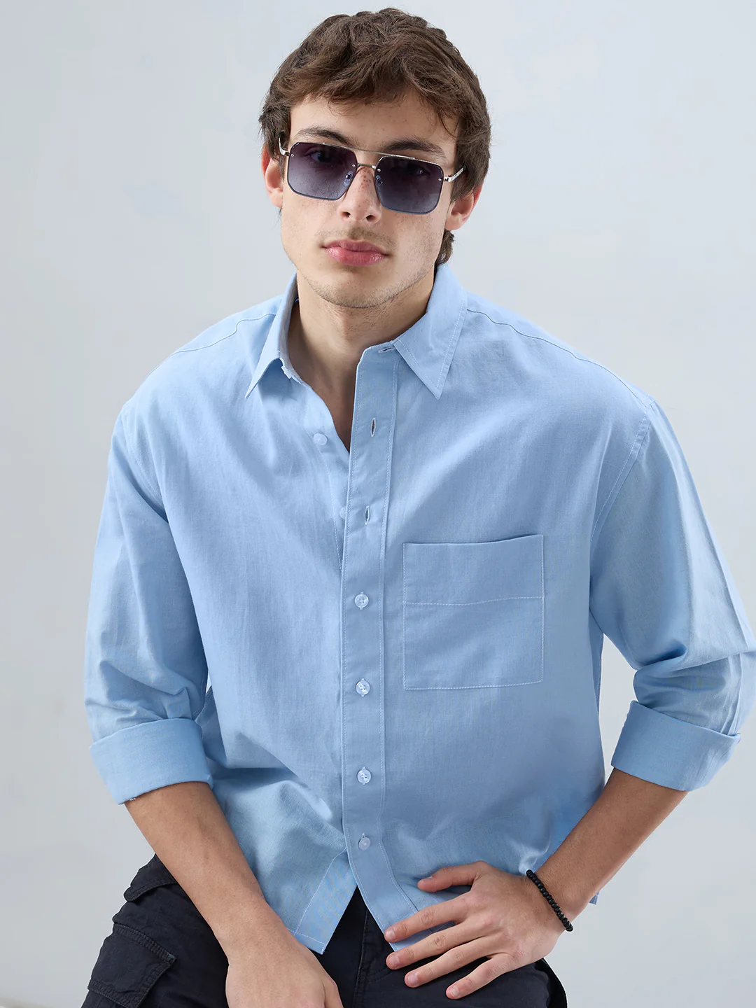 Luxe Blue Fine Sheer Linen Blend Boxy Fit Crop Shirt - Image 4
