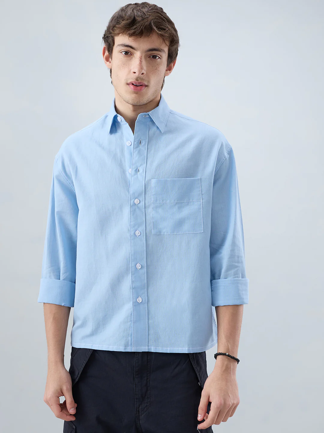 Luxe Blue Fine Sheer Linen Blend Boxy Fit Crop Shirt - Image 5