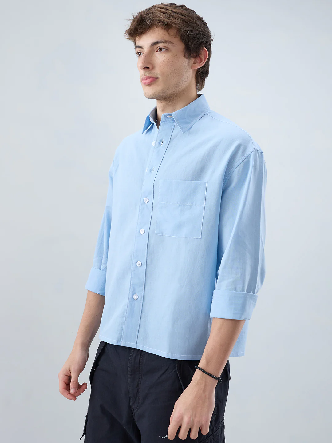Luxe Blue Fine Sheer Linen Blend Boxy Fit Crop Shirt - Image 6