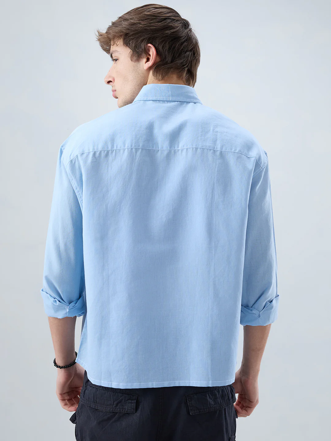 Luxe Blue Fine Sheer Linen Blend Boxy Fit Crop Shirt - Image 7