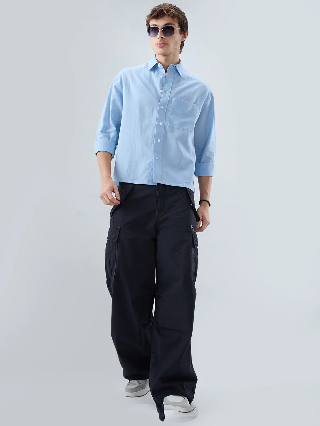 Luxe Blue Fine Sheer Linen Blend Boxy Fit Crop Shirt - Image 8