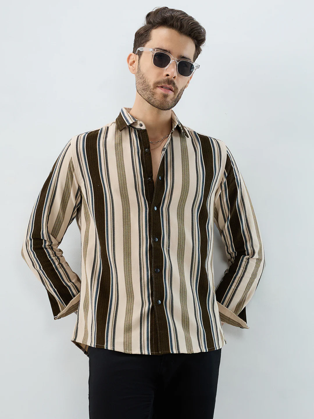 Luxe Brown & Beige Herringbone Striped Corduroy Shirt - Image 2