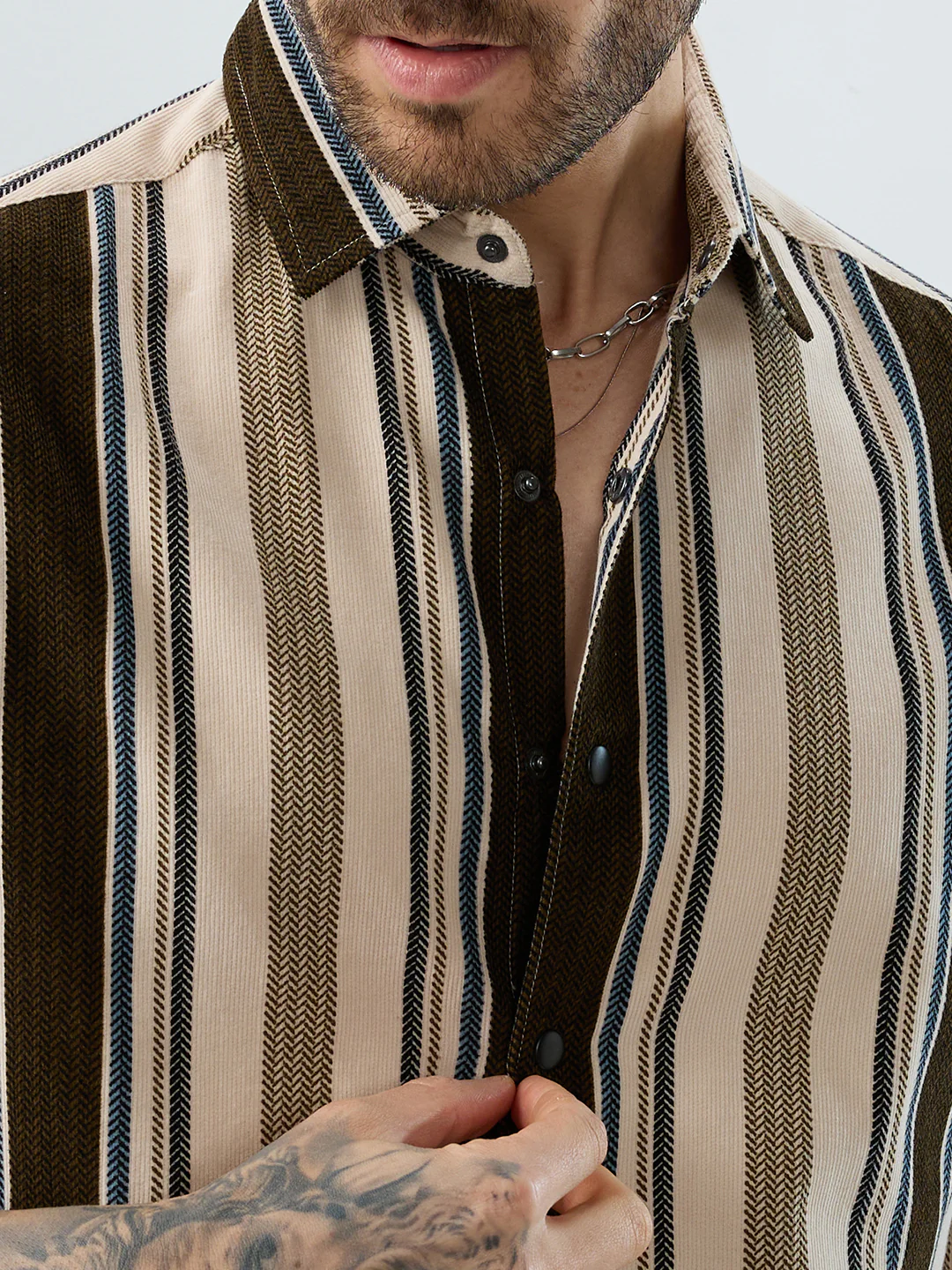 Luxe Brown & Beige Herringbone Striped Corduroy Shirt - Image 3