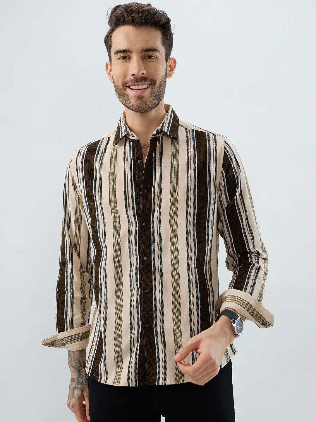 Luxe Brown & Beige Herringbone Striped Corduroy Shirt - Image 4