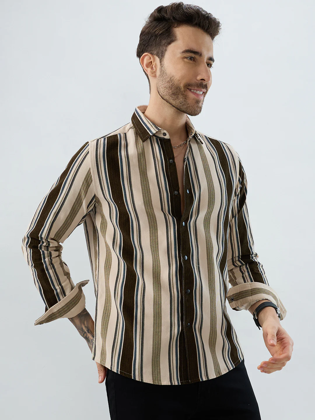 Luxe Brown & Beige Herringbone Striped Corduroy Shirt - Image 5