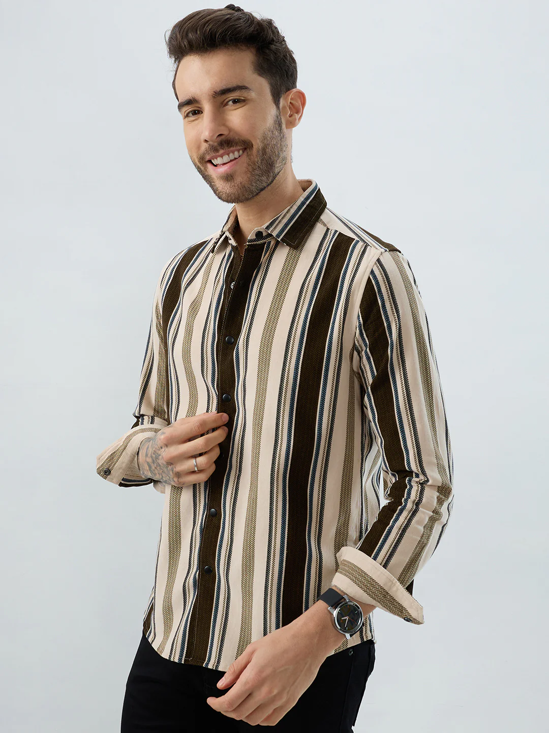 Luxe Brown & Beige Herringbone Striped Corduroy Shirt - Image 6