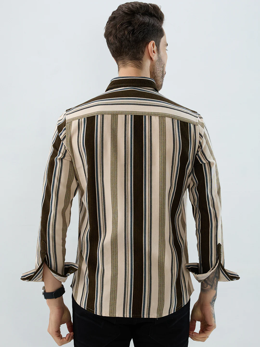 Luxe Brown & Beige Herringbone Striped Corduroy Shirt - Image 7
