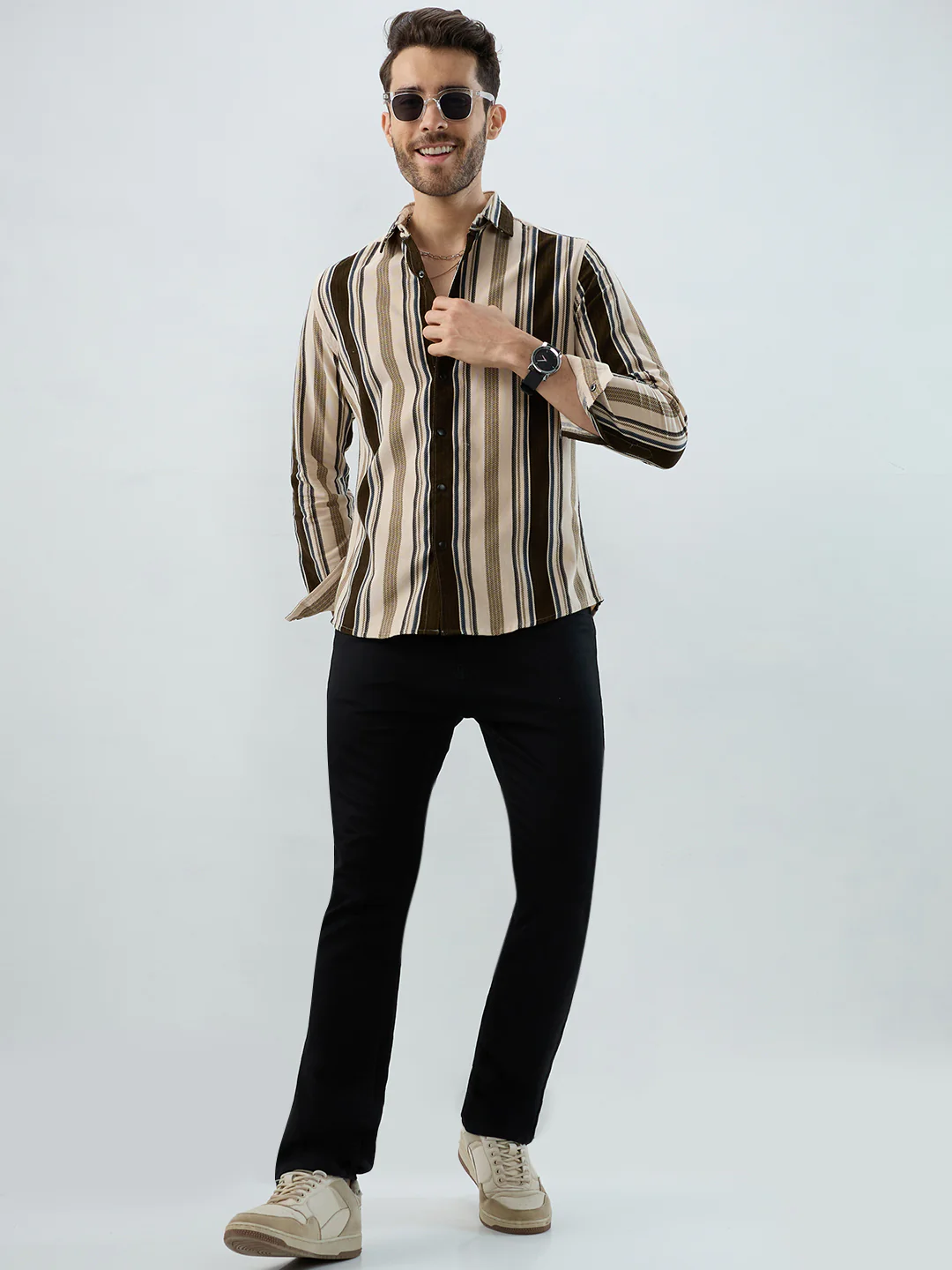 Luxe Brown & Beige Herringbone Striped Corduroy Shirt - Image 8