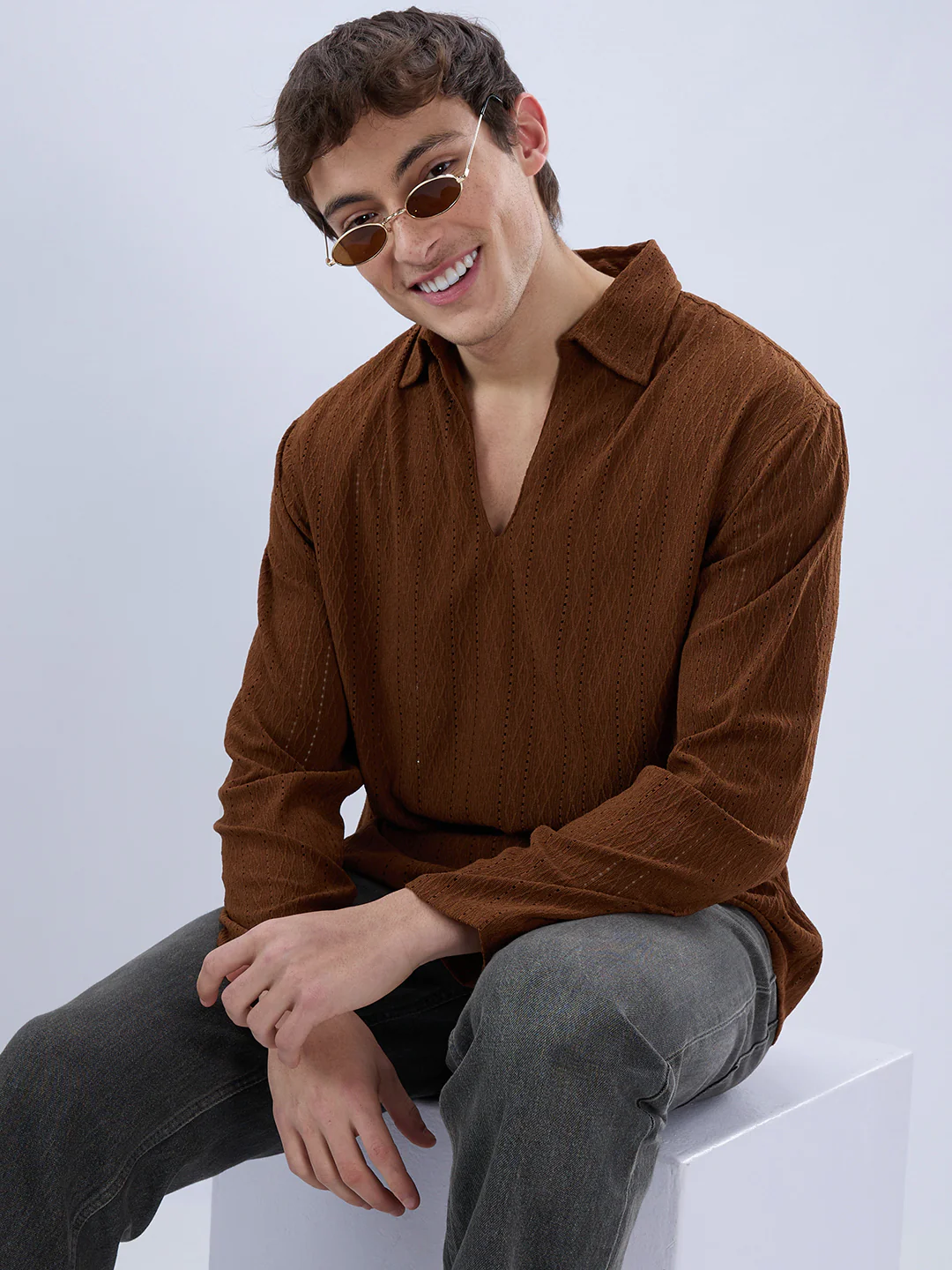 Luxe Brown Fine Lozenge Weave Polo Oversized Shirt - Image 2