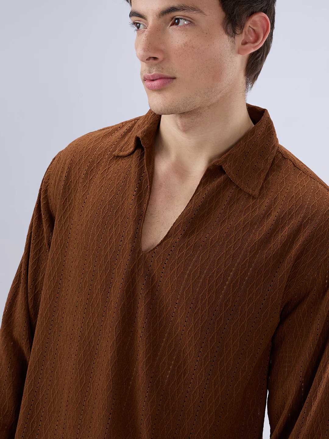 Luxe Brown Fine Lozenge Weave Polo Oversized Shirt - Image 3
