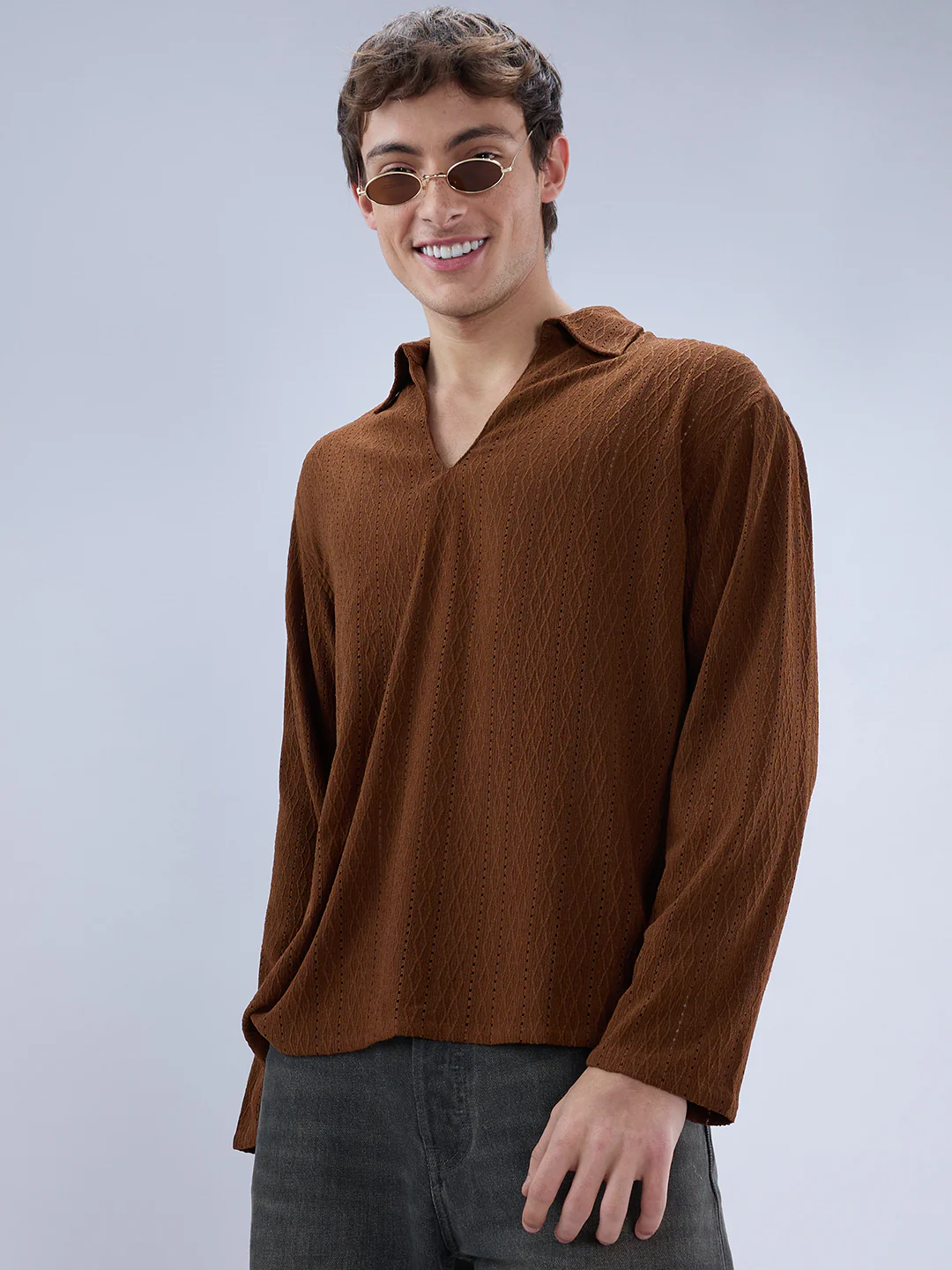 Luxe Brown Fine Lozenge Weave Polo Oversized Shirt - Image 4