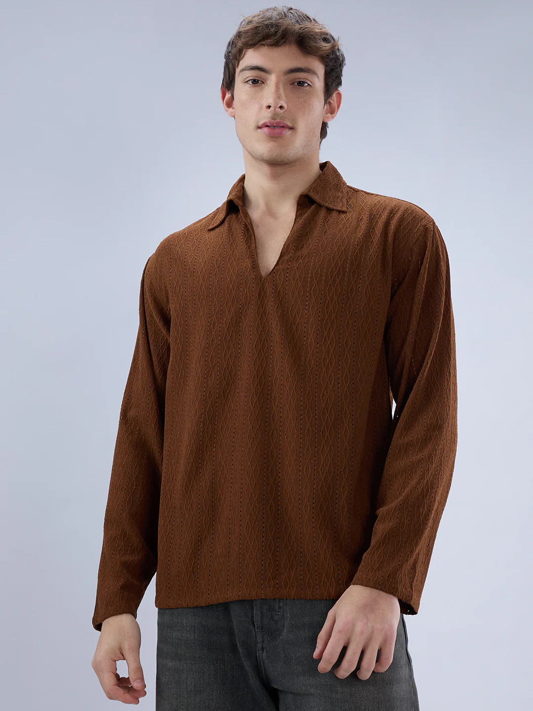 Luxe Brown Fine Lozenge Weave Polo Oversized Shirt - Image 5