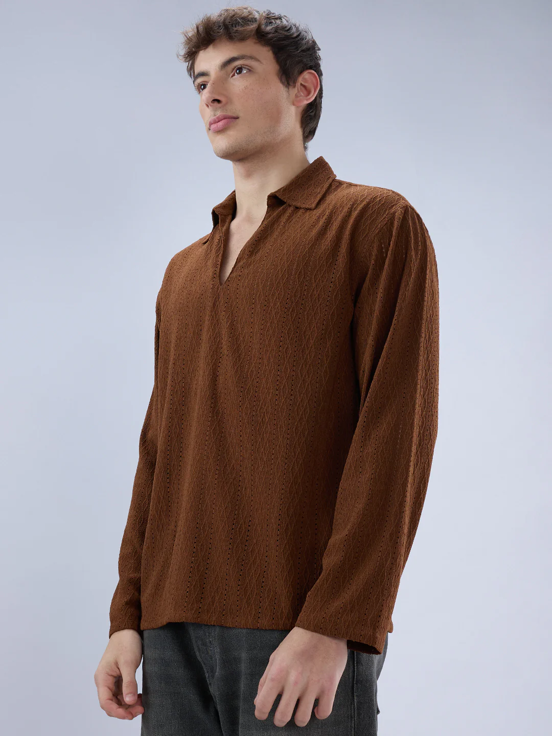 Luxe Brown Fine Lozenge Weave Polo Oversized Shirt - Image 6