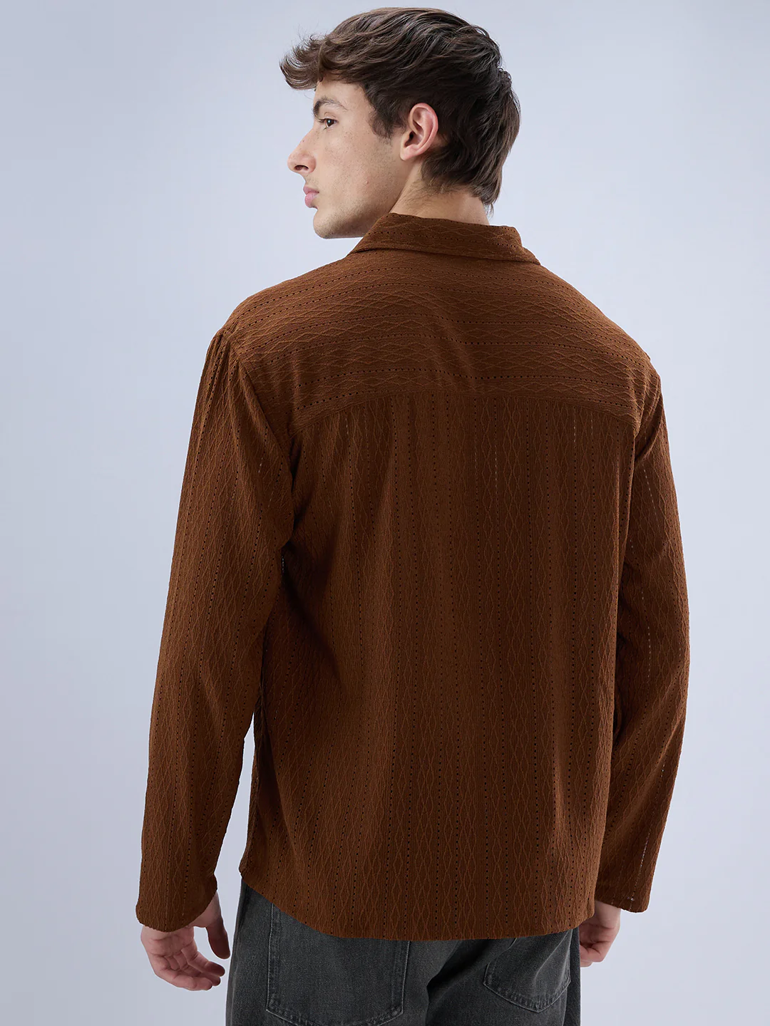 Luxe Brown Fine Lozenge Weave Polo Oversized Shirt - Image 7