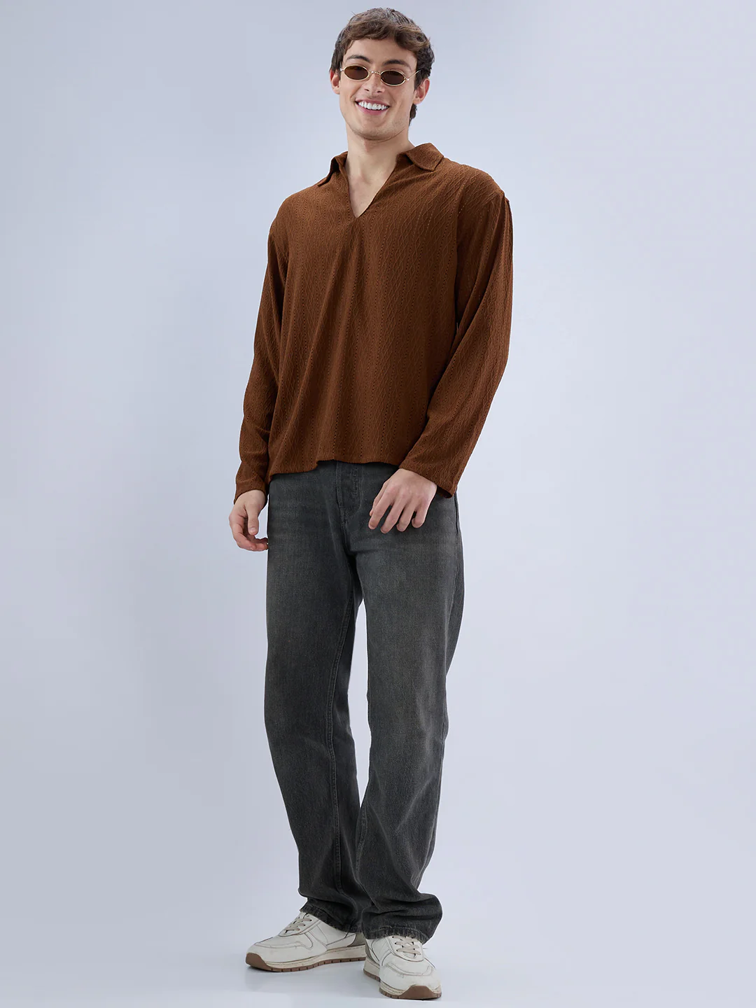Luxe Brown Fine Lozenge Weave Polo Oversized Shirt - Image 8
