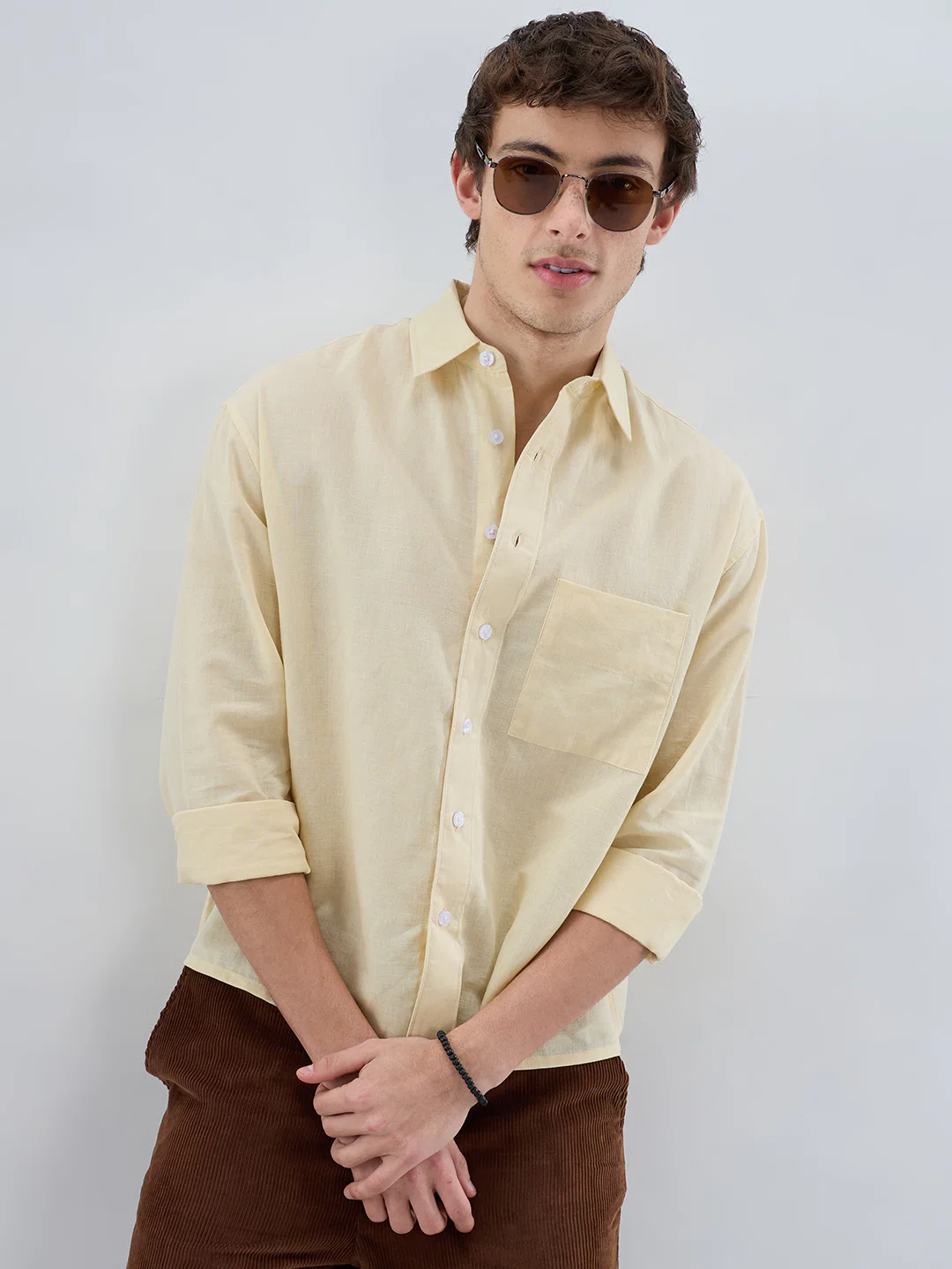Luxe Butter Yellow Fine Sheer Linen Blend Boxy Fit Crop Shirt - Image 2