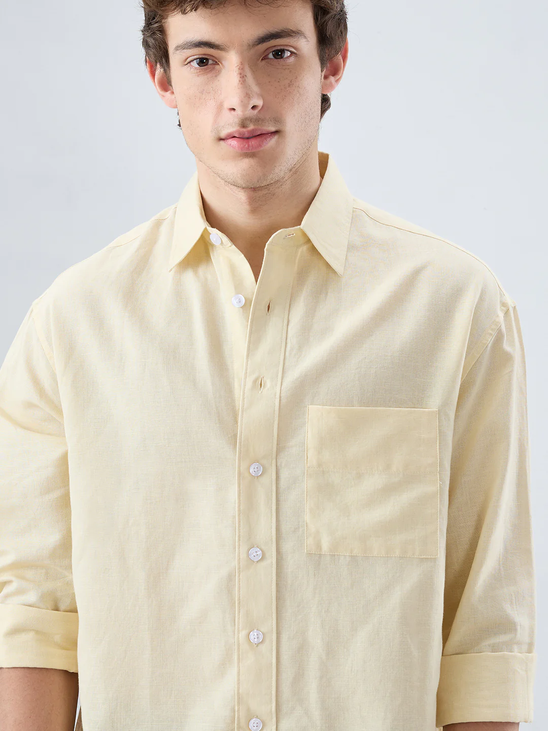 Luxe Butter Yellow Fine Sheer Linen Blend Boxy Fit Crop Shirt - Image 3