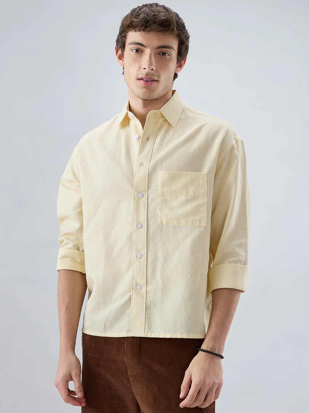 Luxe Butter Yellow Fine Sheer Linen Blend Boxy Fit Crop Shirt - Image 4