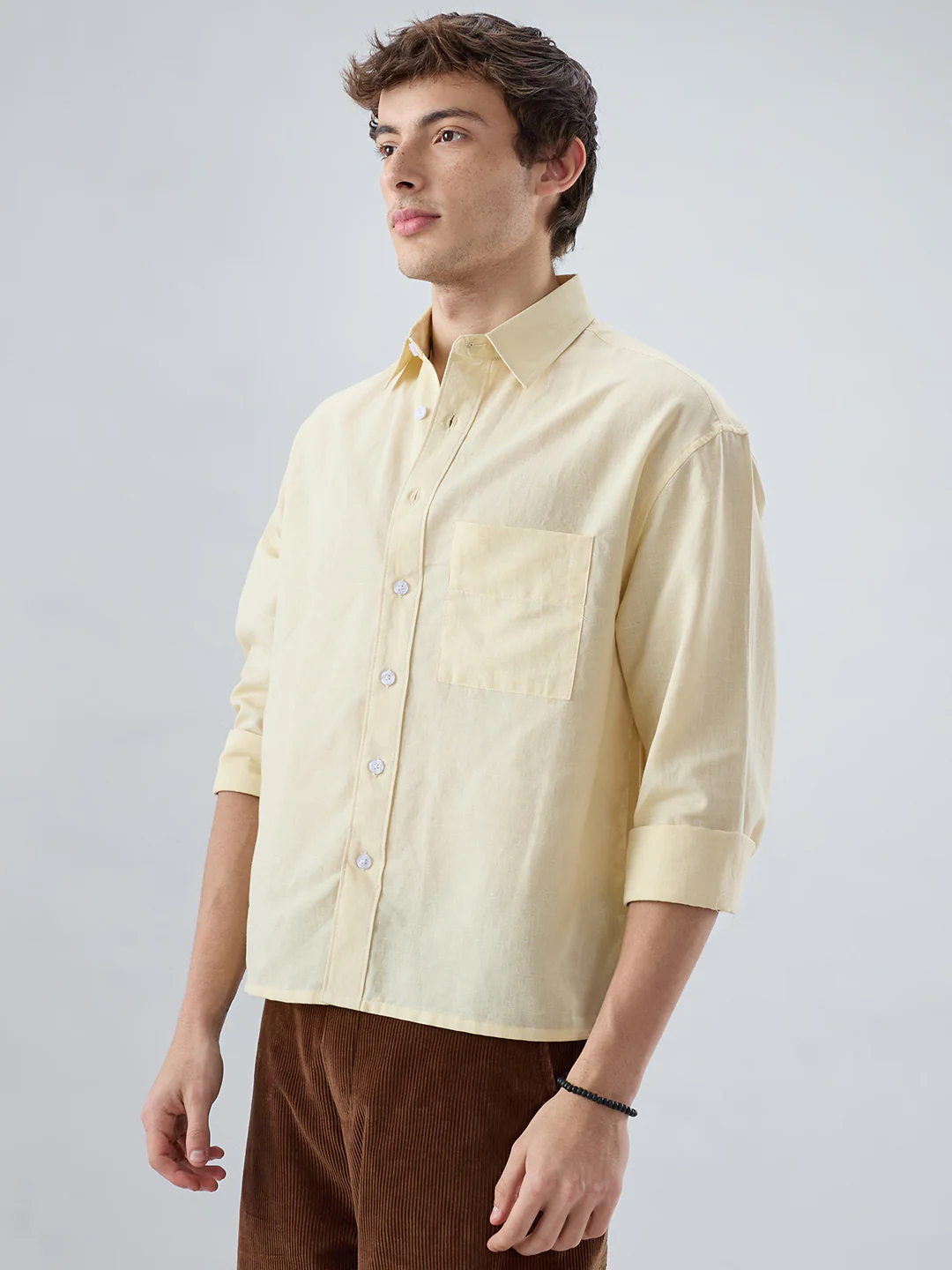 Luxe Butter Yellow Fine Sheer Linen Blend Boxy Fit Crop Shirt - Image 5