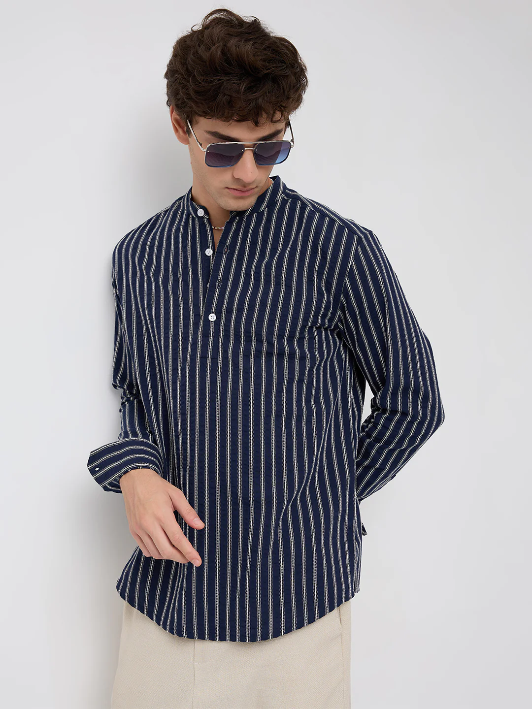 Luxe Coastal Navy Motif Embroidered Striped Kurta - Image 2