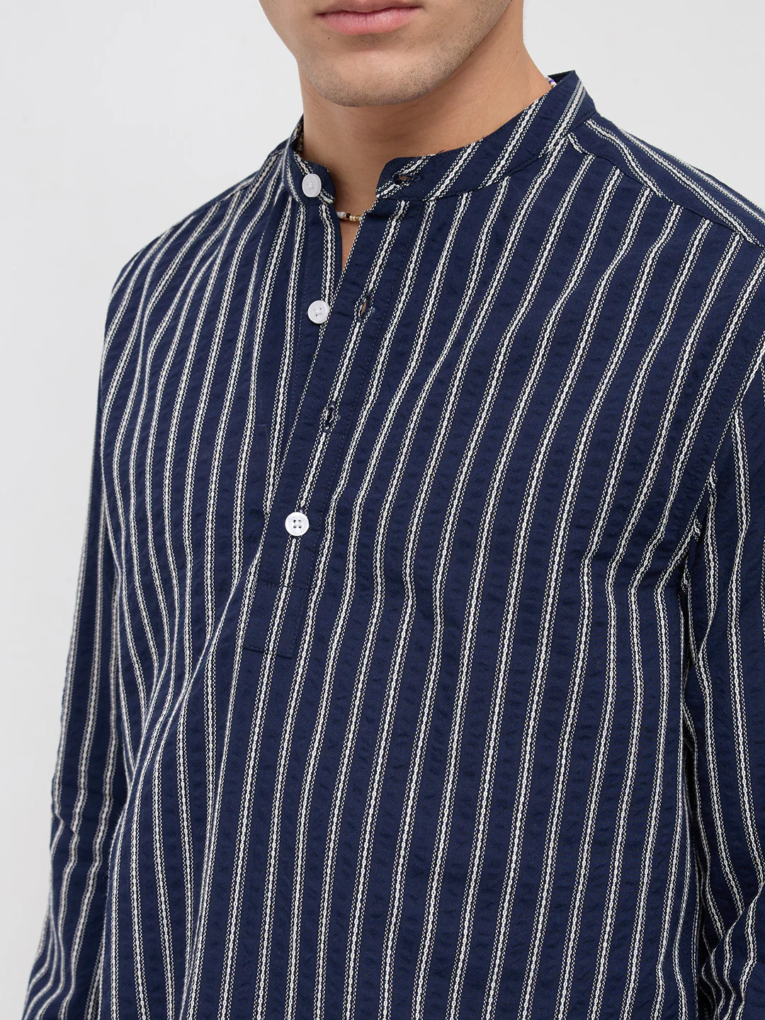 Luxe Coastal Navy Motif Embroidered Striped Kurta - Image 3