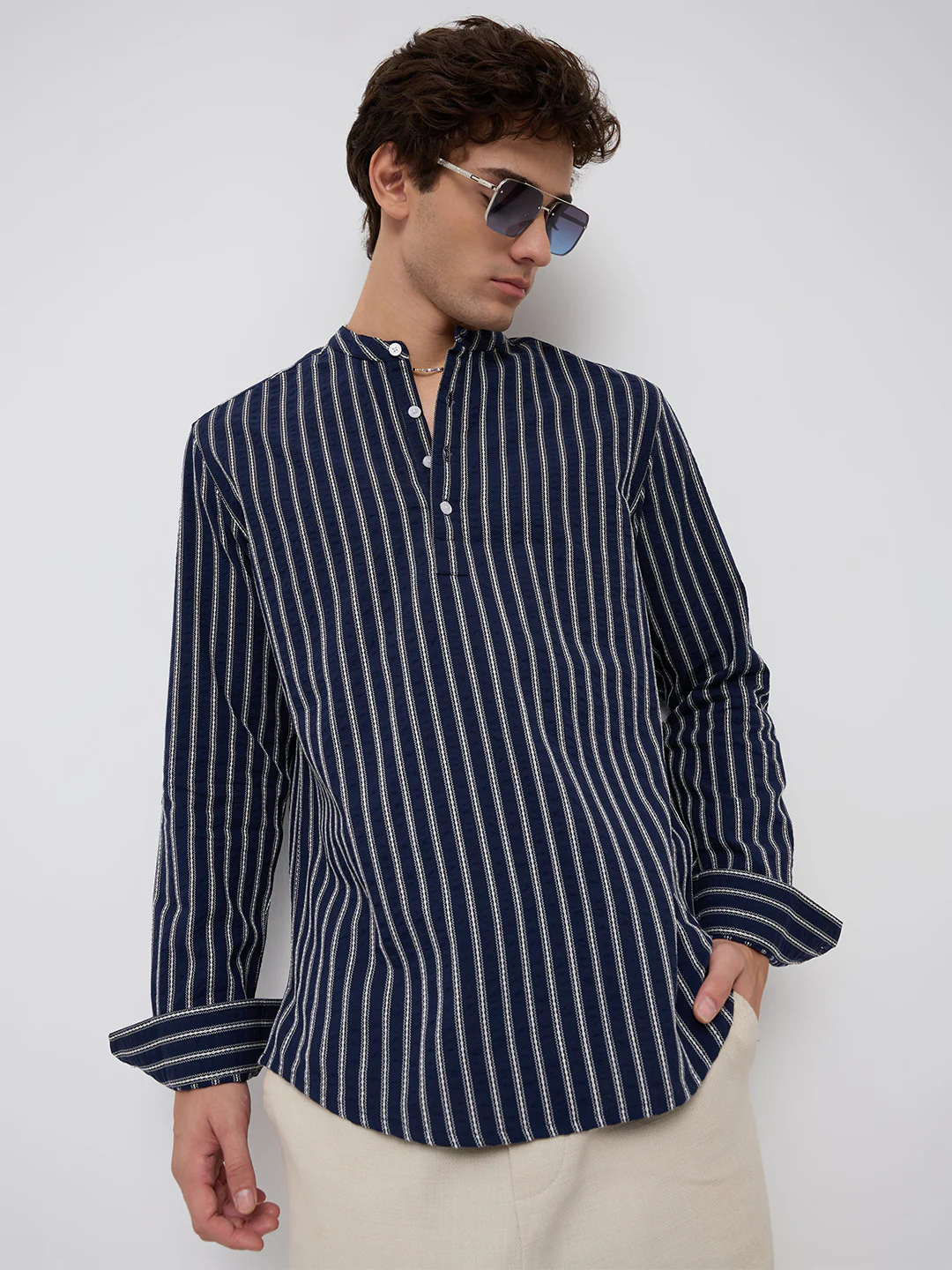 Luxe Coastal Navy Motif Embroidered Striped Kurta - Image 4