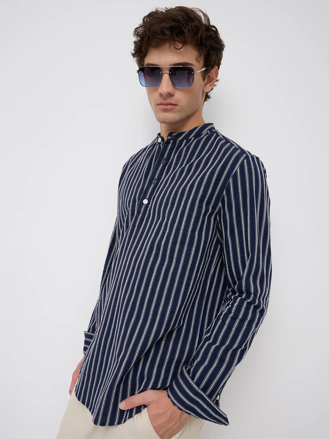Luxe Coastal Navy Motif Embroidered Striped Kurta - Image 5