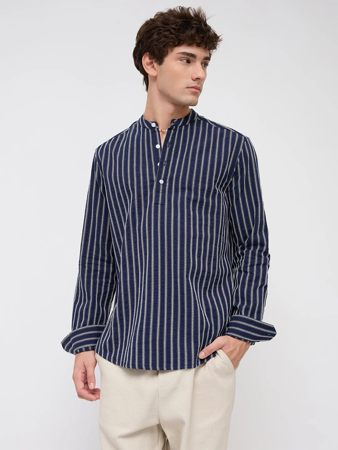Luxe Coastal Navy Motif Embroidered Striped Kurta - Image 6